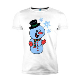 Мужская футболка премиум с принтом Снеговик и снежинки в Курске, 92% хлопок, 8% лайкра | приталенный силуэт, круглый вырез ворота, длина до линии бедра, короткий рукав | новый год | снег | снеговик | снеговик и снежинки | снежинка | снежинки