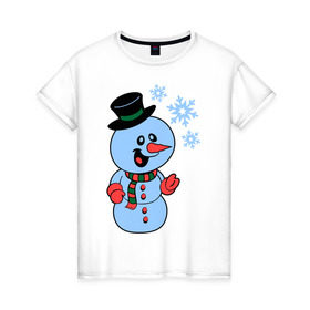 Женская футболка хлопок с принтом Снеговик и снежинки в Курске, 100% хлопок | прямой крой, круглый вырез горловины, длина до линии бедер, слегка спущенное плечо | новый год | снег | снеговик | снеговик и снежинки | снежинка | снежинки