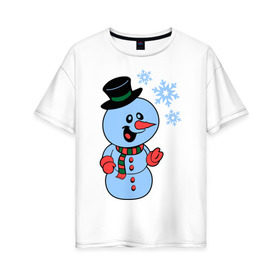 Женская футболка хлопок Oversize с принтом Снеговик и снежинки в Курске, 100% хлопок | свободный крой, круглый ворот, спущенный рукав, длина до линии бедер
 | новый год | снег | снеговик | снеговик и снежинки | снежинка | снежинки