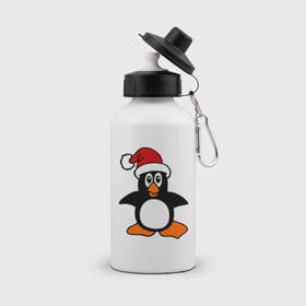 Бутылка спортивная с принтом Новогодний пингвин. в Курске, металл | емкость — 500 мл, в комплекте две пластиковые крышки и карабин для крепления | пингвин