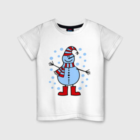 Детская футболка хлопок с принтом Веселый снеговик в Курске, 100% хлопок | круглый вырез горловины, полуприлегающий силуэт, длина до линии бедер | веселый снеговик | зима | новый год | снег | снеговик | снежинки
