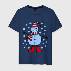 Мужская футболка хлопок с принтом Веселый снеговик в Курске, 100% хлопок | прямой крой, круглый вырез горловины, длина до линии бедер, слегка спущенное плечо. | веселый снеговик | зима | новый год | снег | снеговик | снежинки