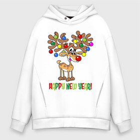 Мужское худи Oversize хлопок с принтом Олень с шариками в Курске, френч-терри — 70% хлопок, 30% полиэстер. Мягкий теплый начес внутри —100% хлопок | боковые карманы, эластичные манжеты и нижняя кромка, капюшон на магнитной кнопке | Тематика изображения на принте: new year | игрушки | новый год | олень | шарики