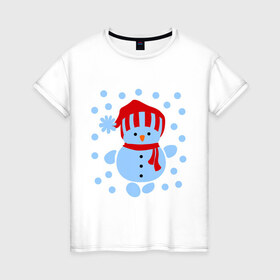 Женская футболка хлопок с принтом Снеговик и снегопад в Курске, 100% хлопок | прямой крой, круглый вырез горловины, длина до линии бедер, слегка спущенное плечо | новый год | подарок | снег | снеговик | снеговичок | снежок