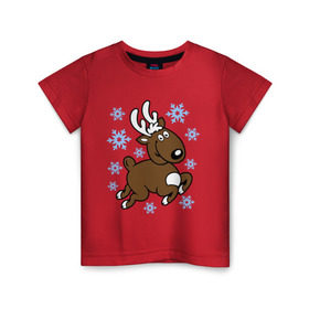 Детская футболка хлопок с принтом Олень и снежинки. в Курске, 100% хлопок | круглый вырез горловины, полуприлегающий силуэт, длина до линии бедер | новогодние подарки | новый год | олененок | олень | подарок на новый год | снежинки