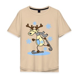 Мужская футболка хлопок Oversize с принтом Олень на лыжах. в Курске, 100% хлопок | свободный крой, круглый ворот, “спинка” длиннее передней части | лыжи | новогодние подарки | новый год | олененок | олень | подарок на новый год