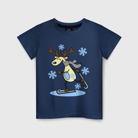 Детская футболка хлопок с принтом Олень на лыжах. в Курске, 100% хлопок | круглый вырез горловины, полуприлегающий силуэт, длина до линии бедер | лыжи | новогодние подарки | новый год | олененок | олень | подарок на новый год