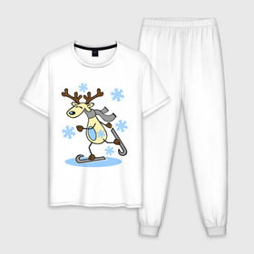 Мужская пижама хлопок с принтом Олень на лыжах. в Курске, 100% хлопок | брюки и футболка прямого кроя, без карманов, на брюках мягкая резинка на поясе и по низу штанин
 | лыжи | новогодние подарки | новый год | олененок | олень | подарок на новый год