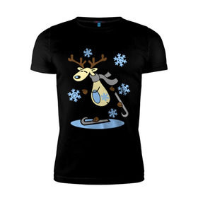 Мужская футболка премиум с принтом Олень на лыжах. в Курске, 92% хлопок, 8% лайкра | приталенный силуэт, круглый вырез ворота, длина до линии бедра, короткий рукав | лыжи | новогодние подарки | новый год | олененок | олень | подарок на новый год
