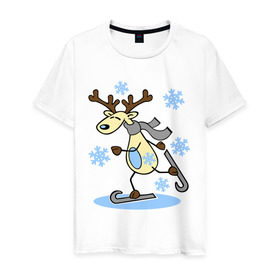 Мужская футболка хлопок с принтом Олень на лыжах. в Курске, 100% хлопок | прямой крой, круглый вырез горловины, длина до линии бедер, слегка спущенное плечо. | лыжи | новогодние подарки | новый год | олененок | олень | подарок на новый год