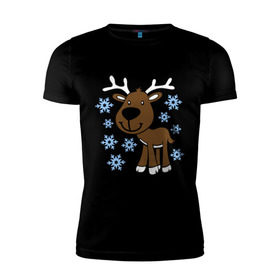 Мужская футболка премиум с принтом Олень в снегу. в Курске, 92% хлопок, 8% лайкра | приталенный силуэт, круглый вырез ворота, длина до линии бедра, короткий рукав | новогодний подарок | новый год | олень | с новым годом | снег | снежинки