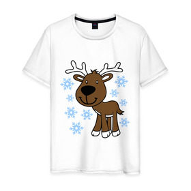 Мужская футболка хлопок с принтом Олень в снегу. в Курске, 100% хлопок | прямой крой, круглый вырез горловины, длина до линии бедер, слегка спущенное плечо. | новогодний подарок | новый год | олень | с новым годом | снег | снежинки