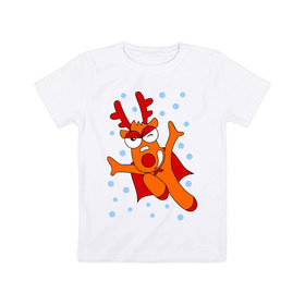 Детская футболка хлопок с принтом Новогодний олень в Курске, 100% хлопок | круглый вырез горловины, полуприлегающий силуэт, длина до линии бедер | новогодний подарок | новый год | олень | с новым годом | снег | снежинки