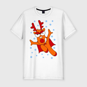 Мужская футболка премиум с принтом Новогодний олень в Курске, 92% хлопок, 8% лайкра | приталенный силуэт, круглый вырез ворота, длина до линии бедра, короткий рукав | новогодний подарок | новый год | олень | с новым годом | снег | снежинки