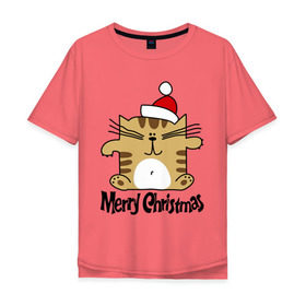 Мужская футболка хлопок Oversize с принтом Квадратный кот в Курске, 100% хлопок | свободный крой, круглый ворот, “спинка” длиннее передней части | merry christmas | кот | новогодний колпак | новогодний подарок | новый год | с новым годом