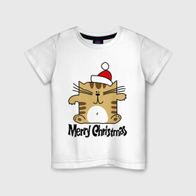 Детская футболка хлопок с принтом Квадратный кот в Курске, 100% хлопок | круглый вырез горловины, полуприлегающий силуэт, длина до линии бедер | Тематика изображения на принте: merry christmas | кот | новогодний колпак | новогодний подарок | новый год | с новым годом