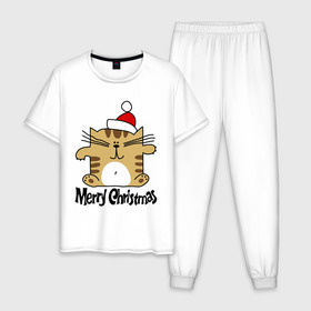 Мужская пижама хлопок с принтом Квадратный кот в Курске, 100% хлопок | брюки и футболка прямого кроя, без карманов, на брюках мягкая резинка на поясе и по низу штанин
 | merry christmas | кот | новогодний колпак | новогодний подарок | новый год | с новым годом