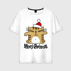 Женская футболка хлопок Oversize с принтом Квадратный кот в Курске, 100% хлопок | свободный крой, круглый ворот, спущенный рукав, длина до линии бедер
 | merry christmas | кот | новогодний колпак | новогодний подарок | новый год | с новым годом