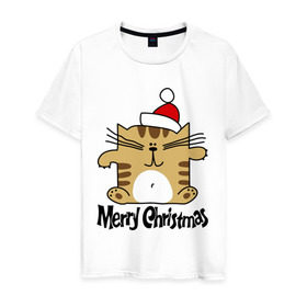 Мужская футболка хлопок с принтом Квадратный кот в Курске, 100% хлопок | прямой крой, круглый вырез горловины, длина до линии бедер, слегка спущенное плечо. | Тематика изображения на принте: merry christmas | кот | новогодний колпак | новогодний подарок | новый год | с новым годом
