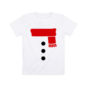 Детская футболка хлопок с принтом Снеговик, пуговицы и шарф в Курске, 100% хлопок | круглый вырез горловины, полуприлегающий силуэт, длина до линии бедер | новогодние подарки | новогодний подарок | новый год | снег | снеговик | шарф