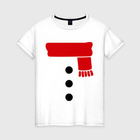 Женская футболка хлопок с принтом Снеговик, пуговицы и шарф в Курске, 100% хлопок | прямой крой, круглый вырез горловины, длина до линии бедер, слегка спущенное плечо | новогодние подарки | новогодний подарок | новый год | снег | снеговик | шарф