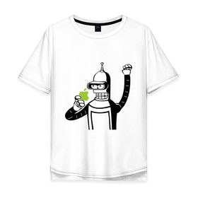 Мужская футболка хлопок Oversize с принтом Бендер и яблоко в Курске, 100% хлопок | свободный крой, круглый ворот, “спинка” длиннее передней части | bender | futurama fans | futurama t shirt | newtop | robot | toplanding | uturama | бендер | бендер и яблоко | выше нос | мультики | мультфильмы | робот | фрукт | футурама