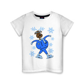 Детская футболка хлопок с принтом Олень на коньках в Курске, 100% хлопок | круглый вырез горловины, полуприлегающий силуэт, длина до линии бедер | Тематика изображения на принте: коньки | новогодний подарок | олень | олень и снег | олень на коньках | с новым годом | снежинки