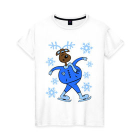 Женская футболка хлопок с принтом Олень на коньках в Курске, 100% хлопок | прямой крой, круглый вырез горловины, длина до линии бедер, слегка спущенное плечо | коньки | новогодний подарок | олень | олень и снег | олень на коньках | с новым годом | снежинки