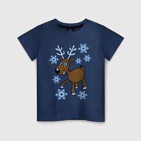 Детская футболка хлопок с принтом Олень и снег в Курске, 100% хлопок | круглый вырез горловины, полуприлегающий силуэт, длина до линии бедер | 2014 год | новогодний подарок | новый год | олень | олень и снег | с новым годом | снег | снежинки