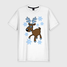 Мужская футболка премиум с принтом Олень и снег в Курске, 92% хлопок, 8% лайкра | приталенный силуэт, круглый вырез ворота, длина до линии бедра, короткий рукав | 2014 год | новогодний подарок | новый год | олень | олень и снег | с новым годом | снег | снежинки