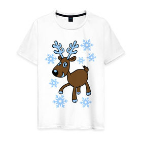 Мужская футболка хлопок с принтом Олень и снег в Курске, 100% хлопок | прямой крой, круглый вырез горловины, длина до линии бедер, слегка спущенное плечо. | 2014 год | новогодний подарок | новый год | олень | олень и снег | с новым годом | снег | снежинки