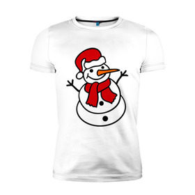 Мужская футболка премиум с принтом Снеговик в Курске, 92% хлопок, 8% лайкра | приталенный силуэт, круглый вырез ворота, длина до линии бедра, короткий рукав | 2014 | веселый снеговик | зима | снег | снеговик | снеговикновый год | снежинки