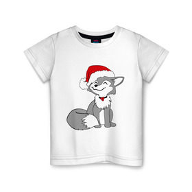 Детская футболка хлопок с принтом Новогодний Лисёнок в Курске, 100% хлопок | круглый вырез горловины, полуприлегающий силуэт, длина до линии бедер | happy | new year | в шапке | лис | рождество