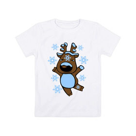 Детская футболка хлопок с принтом Олень в снегу в Курске, 100% хлопок | круглый вырез горловины, полуприлегающий силуэт, длина до линии бедер | happy new year | new year | новогодний | олень | рождество | рудольф | с новым годом