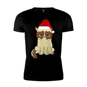 Мужская футболка премиум с принтом Угрюмый новогодний кот в Курске, 92% хлопок, 8% лайкра | приталенный силуэт, круглый вырез ворота, длина до линии бедра, короткий рукав | кот | котик | котя | новый год | новый год 2014 | угрюмый новогодний кот