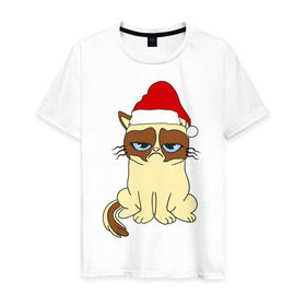 Мужская футболка хлопок с принтом Угрюмый новогодний кот в Курске, 100% хлопок | прямой крой, круглый вырез горловины, длина до линии бедер, слегка спущенное плечо. | кот | котик | котя | новый год | новый год 2014 | угрюмый новогодний кот