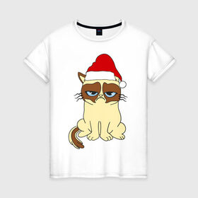 Женская футболка хлопок с принтом Угрюмый новогодний кот в Курске, 100% хлопок | прямой крой, круглый вырез горловины, длина до линии бедер, слегка спущенное плечо | кот | котик | котя | новый год | новый год 2014 | угрюмый новогодний кот