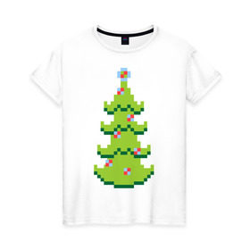 Женская футболка хлопок с принтом Пиксельная елка в Курске, 100% хлопок | прямой крой, круглый вырез горловины, длина до линии бедер, слегка спущенное плечо | 8 bit | елочка | ель | новогодняя елка | пиксели | пиксельный | с новым годом | с рождеством