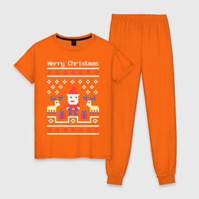 Женская пижама хлопок с принтом Пиксельный узор в Курске, 100% хлопок | брюки и футболка прямого кроя, без карманов, на брюках мягкая резинка на поясе и по низу штанин | 8 bit | merry christmas | новогодний | новогодняя | олени | орнамент | пиксели | пиксельный узор | подарки | подарок на новый год | рождество | с новым годом | с рождеством | санта клаус