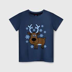 Детская футболка хлопок с принтом Олень и снежинки в Курске, 100% хлопок | круглый вырез горловины, полуприлегающий силуэт, длина до линии бедер | новогодний подарок | новый год | олень | олень и снижинки | с новым годом | снег | снежинки