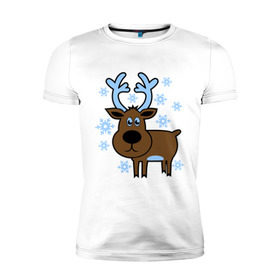 Мужская футболка премиум с принтом Олень и снежинки в Курске, 92% хлопок, 8% лайкра | приталенный силуэт, круглый вырез ворота, длина до линии бедра, короткий рукав | Тематика изображения на принте: новогодний подарок | новый год | олень | олень и снижинки | с новым годом | снег | снежинки