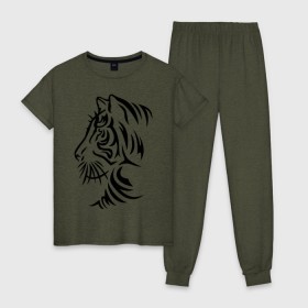 Женская пижама хлопок с принтом Тигр тату в Курске, 100% хлопок | брюки и футболка прямого кроя, без карманов, на брюках мягкая резинка на поясе и по низу штанин | татуировки