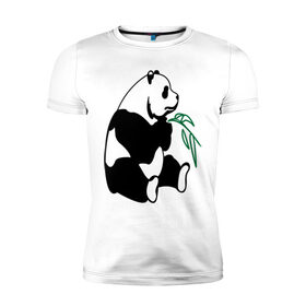 Мужская футболка премиум с принтом Панда и бамбук в Курске, 92% хлопок, 8% лайкра | приталенный силуэт, круглый вырез ворота, длина до линии бедра, короткий рукав | Тематика изображения на принте: бамбук | животные | панда ест бамбук | панда и бамбук