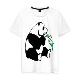 Мужская футболка хлопок с принтом Панда и бамбук в Курске, 100% хлопок | прямой крой, круглый вырез горловины, длина до линии бедер, слегка спущенное плечо. | Тематика изображения на принте: бамбук | животные | панда ест бамбук | панда и бамбук
