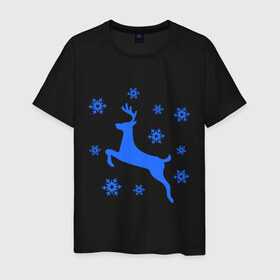 Мужская футболка хлопок с принтом Олень и снежинки в Курске, 100% хлопок | прямой крой, круглый вырез горловины, длина до линии бедер, слегка спущенное плечо. | олень и снежинки | праздник | снежинки