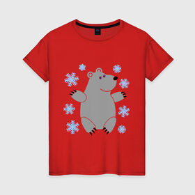 Женская футболка хлопок с принтом Белый мишка в Курске, 100% хлопок | прямой крой, круглый вырез горловины, длина до линии бедер, слегка спущенное плечо | белый медведь | белый мишка | животные | мишка с в снежинках | новогодний мишка | новый год