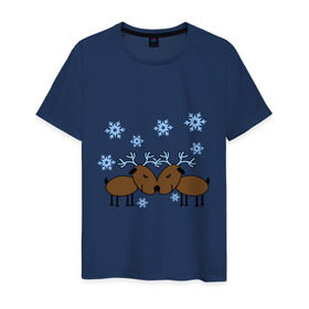 Мужская футболка хлопок с принтом Влюбленные олени в Курске, 100% хлопок | прямой крой, круглый вырез горловины, длина до линии бедер, слегка спущенное плечо. | влюбленные олени | новый год | олени | снежинки