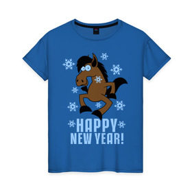 Женская футболка хлопок с принтом Новогодняя Лошадка в Курске, 100% хлопок | прямой крой, круглый вырез горловины, длина до линии бедер, слегка спущенное плечо | Тематика изображения на принте: happy new year | идеи подарков | конь | лошадка | новогодняя лошадка | новый год | новый год 2014