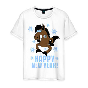 Мужская футболка хлопок с принтом Новогодняя Лошадка в Курске, 100% хлопок | прямой крой, круглый вырез горловины, длина до линии бедер, слегка спущенное плечо. | Тематика изображения на принте: happy new year | идеи подарков | конь | лошадка | новогодняя лошадка | новый год | новый год 2014