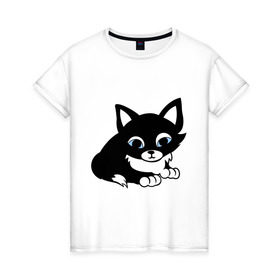 Женская футболка хлопок с принтом Кошечка в Курске, 100% хлопок | прямой крой, круглый вырез горловины, длина до линии бедер, слегка спущенное плечо | Тематика изображения на принте: киска | кошечка | кошка с белым хвостиком | мяу | черная кошка